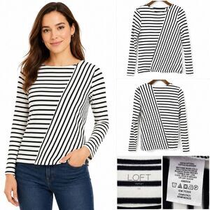 LOFT Outlet XS Black White Mixed Stripe Cotton Top